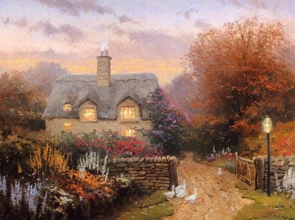 Обои Thomas kinkade, живопись, кинкейд, закат, домик, коттедж, цветы, гуси, картина