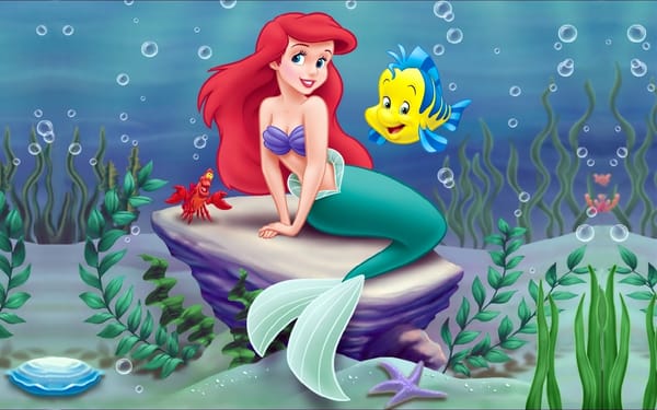 Обои Little mermaid, мультфильм, Ариэль, водоросли, Дисней, море, Ariel, Маленькая русалочка, Disney, рыба-луна, краб, русалка