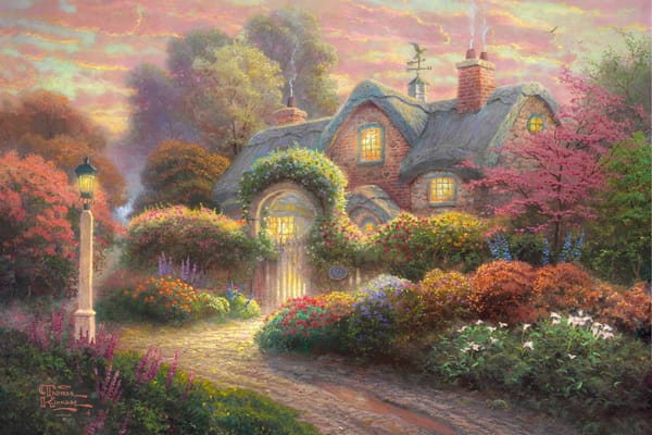 Обои Rosebud Cottage, цветы, сад, Томас Кинкейд, flowers, cottage, Thomas Kinkade, painting, живопись, фонарь, флюгер, коттедж