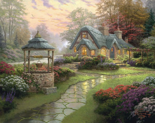 Обои Пейзаж, лес, цветы, коттедж, колодезь, дорожка, Make A Wish Cottage, живопись, Thomas Kinkade