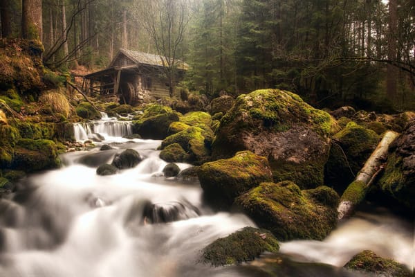Обои потоки, водопады, Голлинг-на-Зальцахе, водяная мельница, камни, река, лес, Австрия, мох, дымка