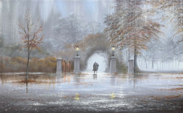 Обои картина, двое, Jeff Rowland, фонари, арка, парк, осень, дождь