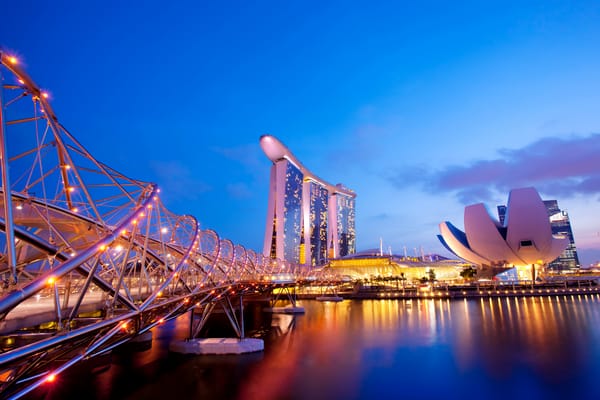 Обои пальмы, дизайн, набережная, огни, ночь, здания, Helix Bridge, Marina Bay Sands, мост, река, Сингапур, сооружения