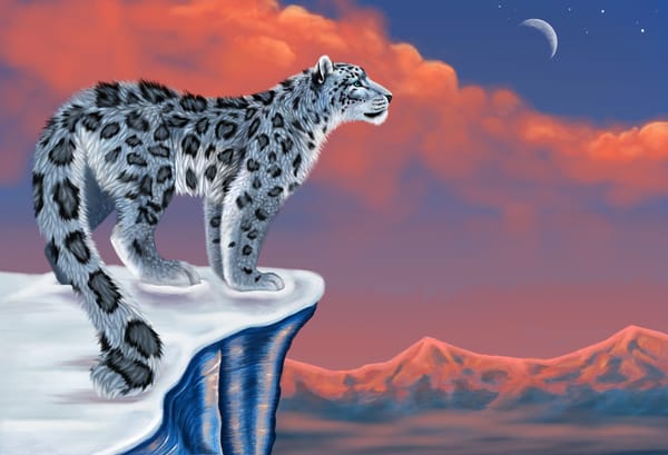 Обои луна, ирбис, снег, рисунок, snow leopard, горы, снежный барс