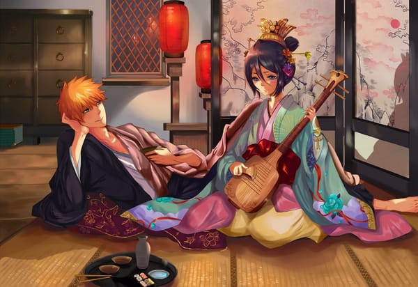 Обои арт, ширма, музыкальный инструмент, muza4370, парень, kurosaki ichigo, кимоно, фонарики, bleach, kuchiki rukia, девушка