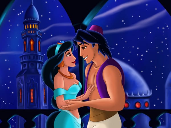 Обои Aladdin, fairytale, мультфильм, movie, принцесса, балкон, Walt Disney, arabian night, Аладдин, Восток, сказка, фанарт, Вместе навсегда, princess, минарет, Уолт Дисней, fanart, Jasmine, animated film, Together forever, love story, любовь, арка, Багдад, арабская ночь, окно, Жасмин