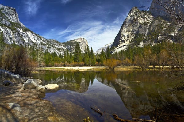 Обои отражение, озеро, деревья, Сьерра-Невада, Yosemite National Park, лес, Йосемити, Mirror Lake, Национальный парк Йосемити, Калифорния, горы, Sierra Nevada, California