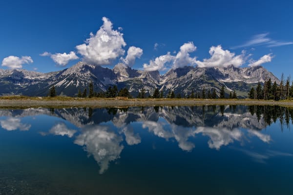 Обои Tirol, Австрия, горы, хребет Вильдер Кайзер, Kaiser Mountains, Wilder Kaiser, облака, Austria, отражение, Тироль, горы Кайзер, Альпы, озеро, Alps