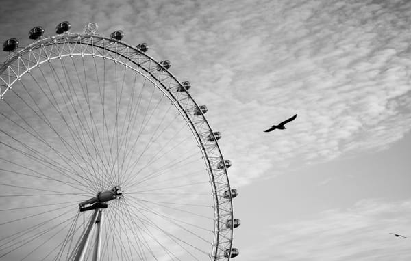 Обои небо, london, london eye, колесо обозрения, птицы, чёрно-белое, лондон, лондонский глаз, летят, облака
