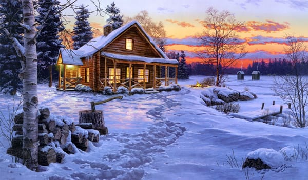 Обои Darrell Bush, хижина, топор, костер, огонь, береза, вечер, живопись, ель, Winter Bliss, зима, дрова, дом, снег, нега