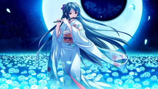 Обои tsukumo no kanade, девушка, цветы, кимоно, луна, музыкальный инструмент, флейта, ночь
