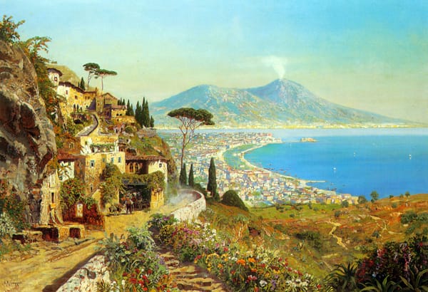 Обои Alois Arnegger, вулкан, Италия, Неаполь, Везувий, живопись, Тирренское море, море, горы, залив, The Bay Of Naples, пейзаж
