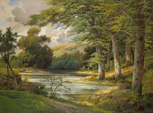 Обои Alois Arnegger, пейзаж, лодка, живопись, лес, озеро, Romantic Forest Landscape