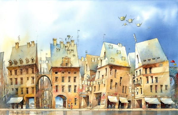 Обои арт, арки, Tytus Brzozowski, рисунок, люди, дома, здания, полёт