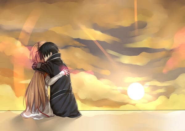 Обои Аниме, девушка, sword art online, облако, плащ, nashoki, Kirito, короткие волосы, длинные волосы, мужчина, солнце, объятие, чёрные волосы, absurdres, Yuuki Asuna, пара, закрытые глаза, каштановые волосы