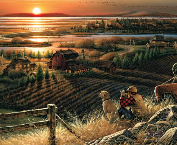 Обои Terry Redlin, дома, река, мост, Best Friends, вечер, поле, бинокль, закат, живопись, собака, перелетные птицы, осень