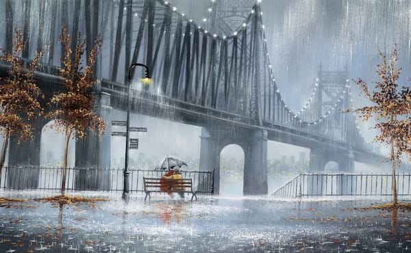 Обои Jeff Rowland, двое, деревья, пара, зонт, дождь, скамья, фонари, улица