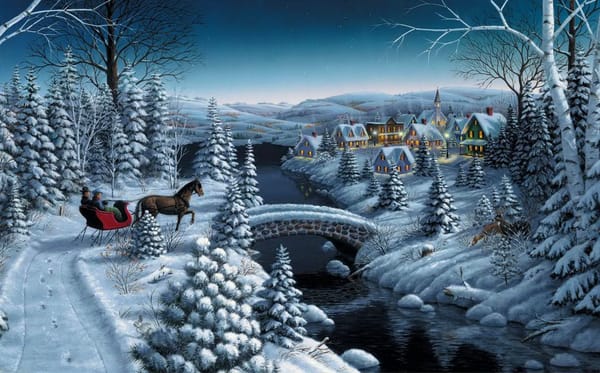 Обои Mark Daehlin, мост, дома, Peace on Earth, елка, сани, лошадь, снег, зима, ель, повозка, звезды, ёлки, деревня, живопись, Рождество, река, Новый год, вечер