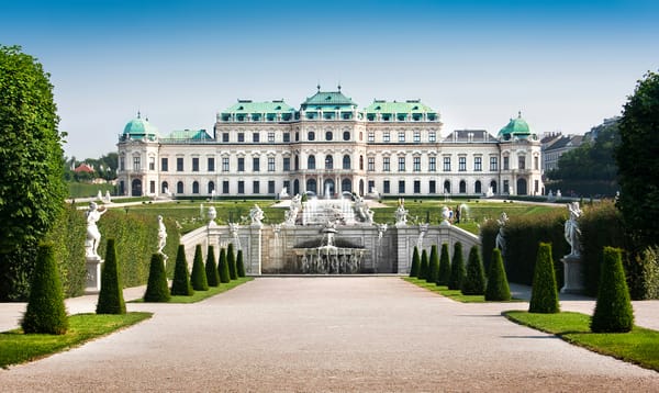 Обои дизайн, деревья, газон, Vienna, фонтаны, кусты, дворец, скульптуры, Австрия