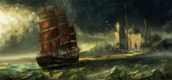 Обои арт, парусник, Waqas Mallick, море, купол, корабль, город