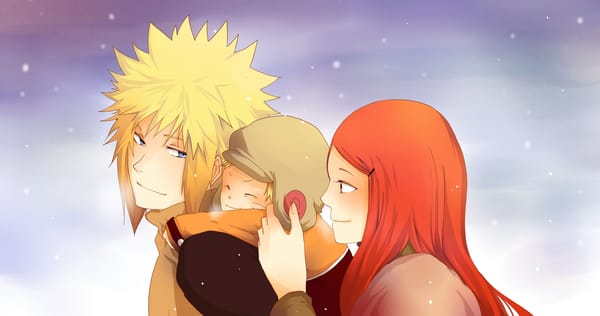 Обои Аниме, Узумаки Кушина, семья, взгляд, щастье, глаза, Uzumaki Naruto, Uzumaki Kushina, Наруто, мама, Намиказе Минато, небо, Anime, снег, Naruto, зима, Namikaze Minato, папа, Узумаки Наруто, сын