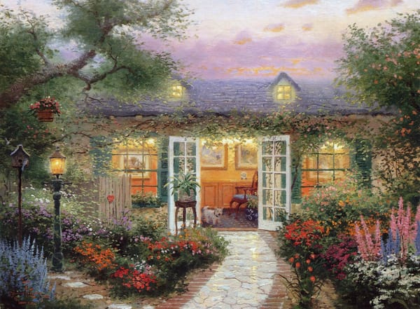 Обои цветы, домик, тепло, лето, закат, тишина, Thomas Kinkade, свет, коттедж, фонарь, вечер, спокойствие, окна, уют, гармония, веранда, Кинкейд, живопись, открыто, картина, птицы, собака, дверь
