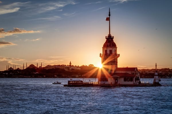 Обои Турция, закат, Девичья башня, Стамбул, чёрное море, Sultanahmet, пролив Босфор, лучи, солнце