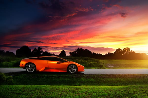 Обои Lamborghini, закат, profile, Murcielago, блик, orange, небо