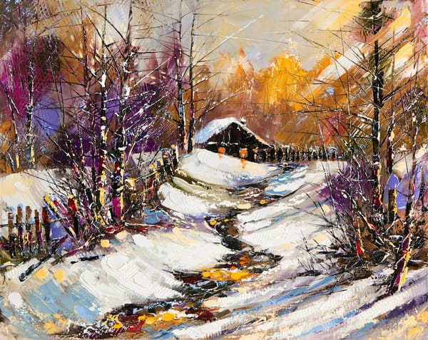 Обои картина, деревянный, дорожка, краски, лес, домик, природа, Paint, забор, пейзаж, picture