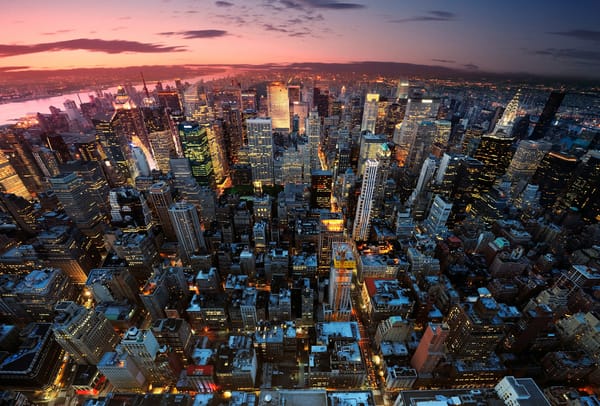 Обои New York City, небоскребы, США, свет, город, закат, USA, Нью-Йорк, высотки, NYC, Manhattan, Манхэттен, панорама, огни, дома, здания, вечер