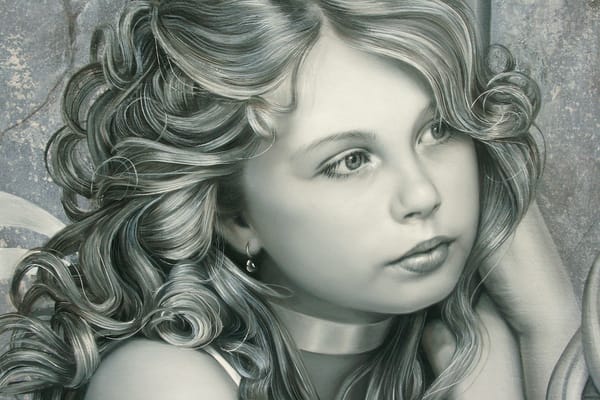 Обои Christiane Vleugels, серьги, ребенок, кудри, волосы, глаза, девочка, живопись, лицо, арт, художница, взгляд