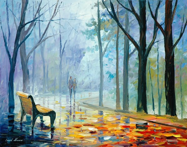 Обои Leonid Afremov, пара, живопись, девушка, лавочка, деревья, листья, парень, люди, осень