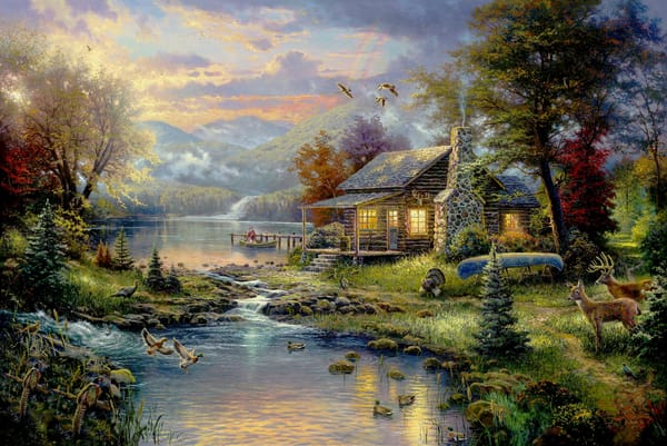 Обои river, река, егеря, деревья, nature, райский уголок, горы, Natures Paradise, лодка, природы, олени, ёлочки, Thomas Kinkade, house, art, forest, птицы, живопись, Томас Кинкейд, охотничий, лес, Картина, painting, дом