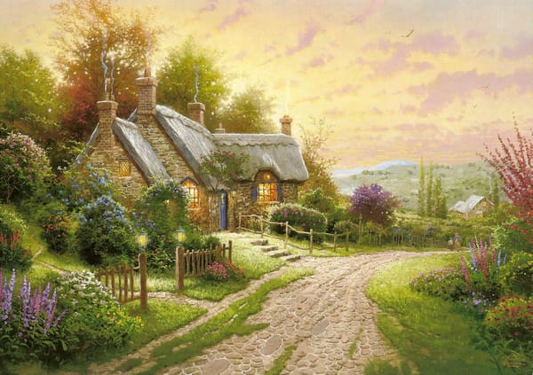 Обои цветы, Thomas kinkade, лето, домик, дорога, кинкейд, коттедж, вечер, живопись, картина