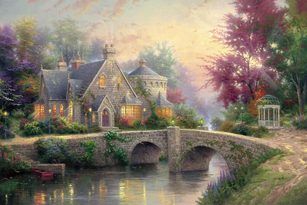 Обои bridge, река, lamps, фонари, Lamplight Manor, живопись, painting, Томас Кинкейд, усадьба, Thomas Kinkade, manor, colorful, мост, беседка, river, art, лето, коттедж, поместье, cottage