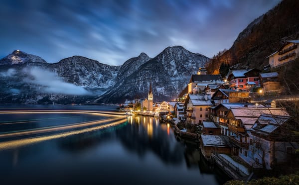 Обои пейзаж, горы, дома, Austria, Lake Hallstatt, озеро, Гальштатское озеро, Австрия, ночь, Альпы, Alps, Hallstatt, Гальштат