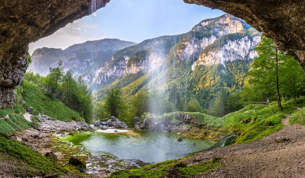 Обои долина, горы, водопад, Альпы, Italy, Fontanon di Goriuda, Фриули — Венеция-Джулия, Val Raccolana, Alps, Италия, Friuli Venezia Giulia