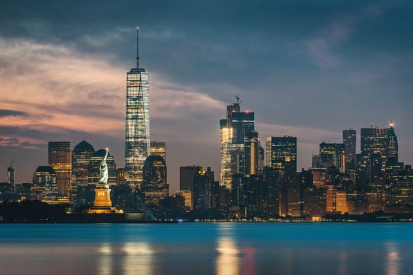 Обои night, skyscrapers, New York, cityscape, Statue of Liberty
