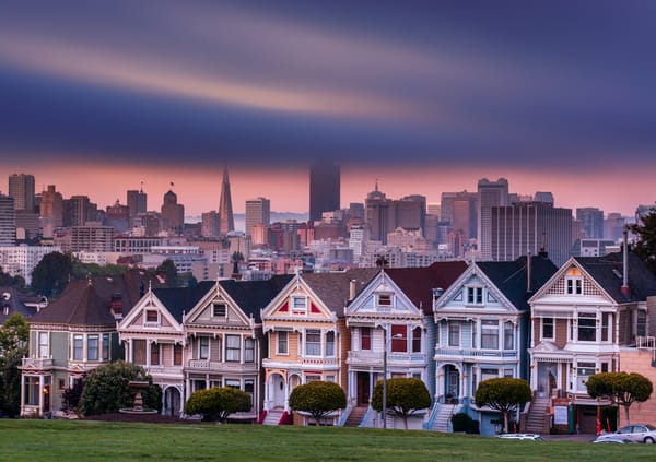 Обои USA, обработка, San Francisco, Сан-Франциско, США, California, город, Alamo Square, вечер, небо, дома, деревья
