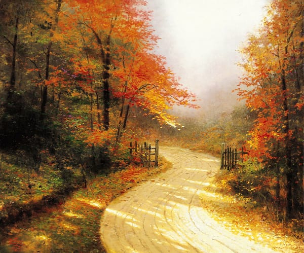 Обои painting, Thomas Kinkade, золотая, лес, осень, живопись, Томас Кинкейд, Autumn Lane, дорога