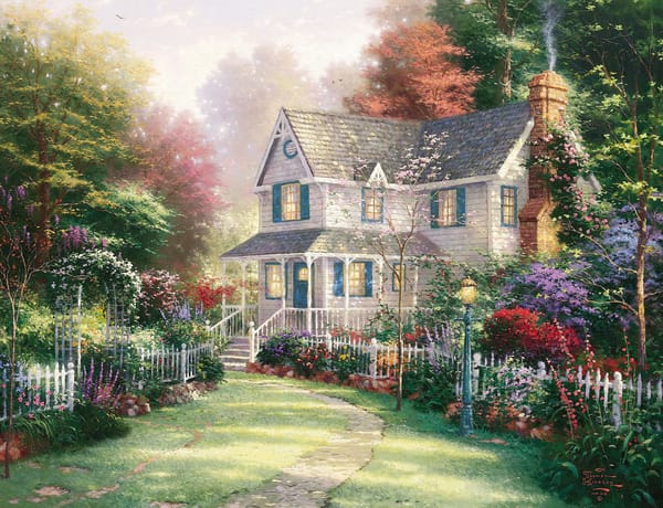 Обои garden, Thomas Kinkade, живопись, сад, дом, house, лето, Томас Кинкейд, cottage, summer, Victorian Garden II, painting, коттедж