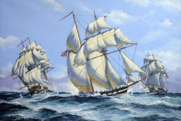 Обои арт, волны, парусников, художник, залпы, бой, орудий, флот, кораблей, морской, painting, John Bentham