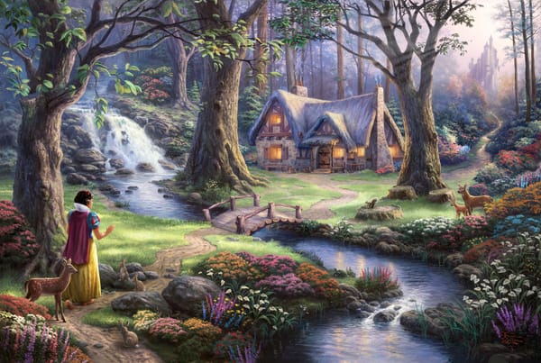 Обои цветы, flowers, олени, Дисней, Белоснежка и 7 гномов, Томас Кинкейд, waterfall, fantasy, вечер, речка, Snow-White & seven dwarves, домик, деревья, Thomas Kinkade, castle, замок, fairytale, art, сказка, принцесса, водопад, 50-th anniversary, sunshine, princess, Snow White discovers the cottage, арт, bridge, The Disney dreams collection, мост
