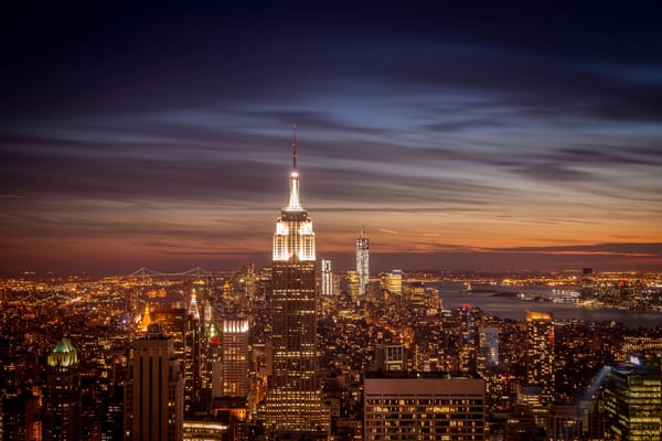 Обои New York, панорама, Empire State Building, небоскребы, Эмпайр-стейт-билдинг, USA, вечер, город, Нью-Йорк, здания, огни, Manhattan, высотки, США, вид, дома, New York City, Манхэттен, NYC