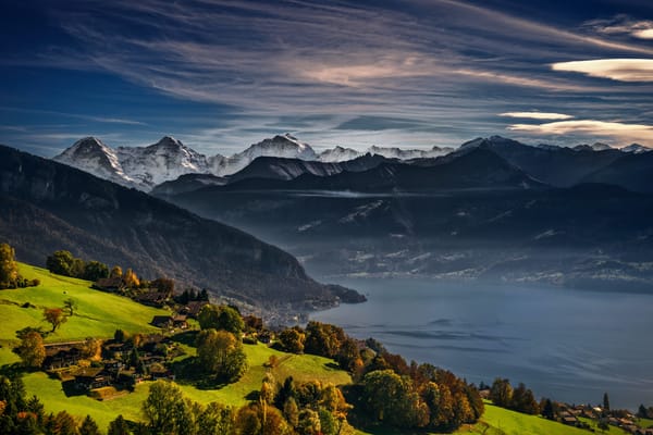 Обои осень, Альпы, Bernese Oberland, Lake Thun, Тунское озеро, Швейцария, Thunersee, Switzerland, Swiss Alps, озеро, горы