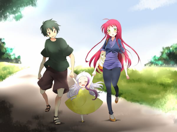 Обои anime, втроем, arras ramus, art, hataraku maou-sama!, девочка, девушка, yusa emi, прогулка, maou sadao, парень