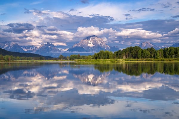 Обои Mount Moran, Вайоминг, Snake River, Гора Моран, Гранд-Титон, Wyoming, Река Снейк, отражение, облака, лес, Grand Teton National Park