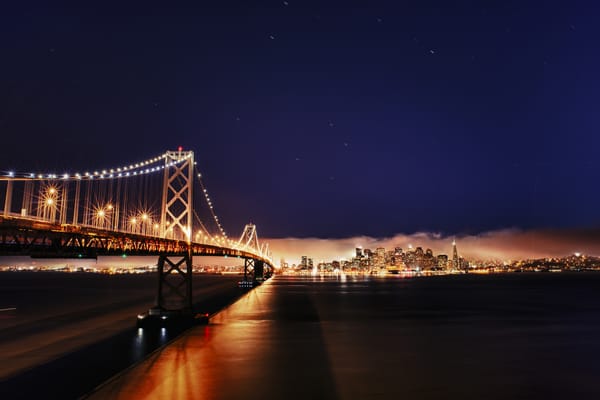 Обои San Francisco, California, beesting bridge, огни, город, USА, мост, река, пролив