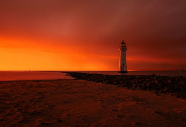 Обои пляж, маяк, Perch Rock lighthouse, рассвет