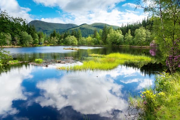 Обои Scotland, пейзаж, зелень, Великобритания, лес, Great Britain, озеро, деревья, облака, Шотландия, горы, вода, небо, отражение